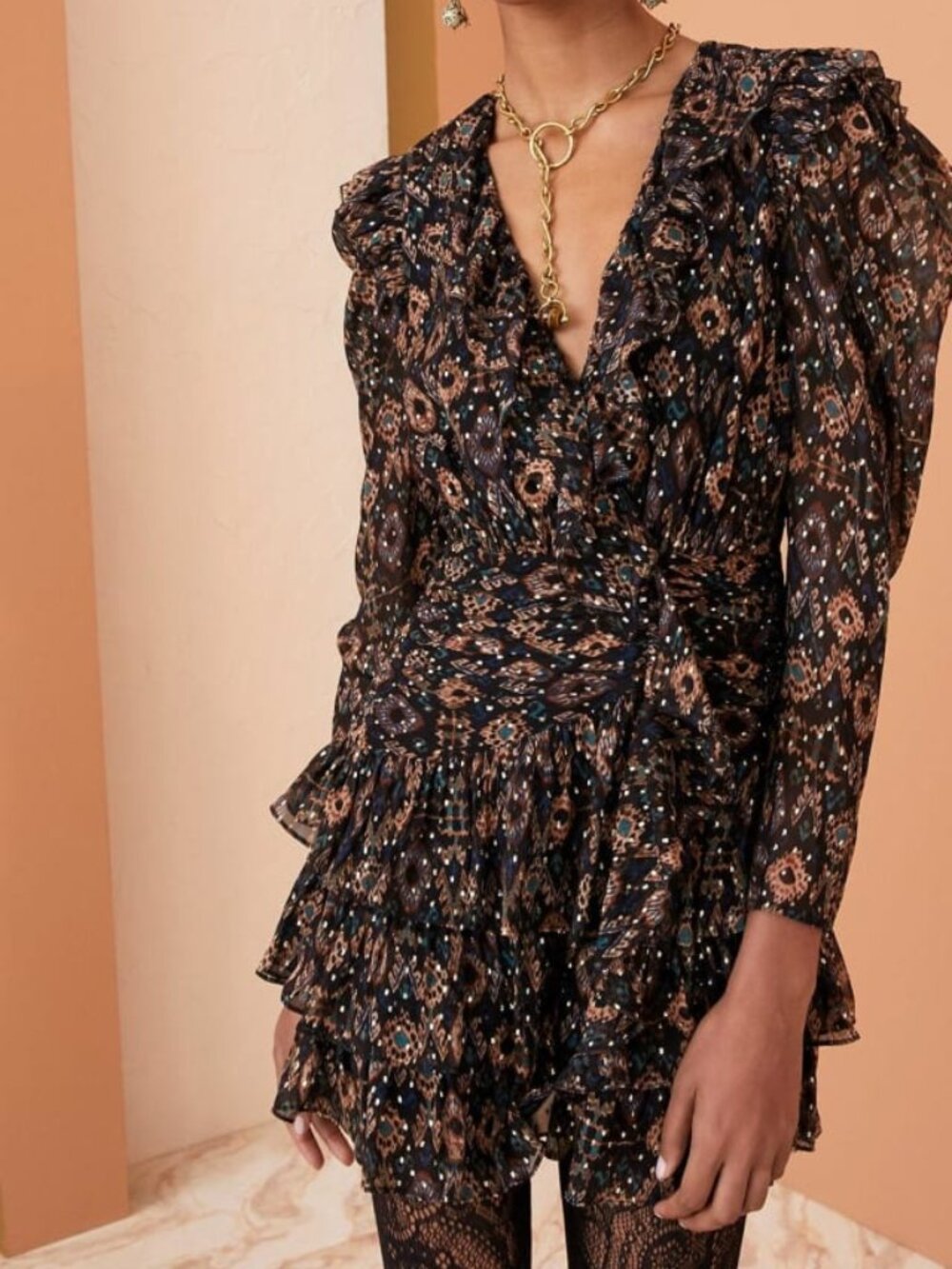 Ulla Johnson Esila Faux Wrap Silk Mini Dress Sz 12 Black Onix Folk Ikat Print